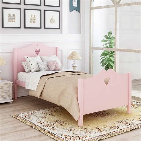 Pink Princess Style Twin Bed Frame, Wooden Platform with Heart Shaped ...