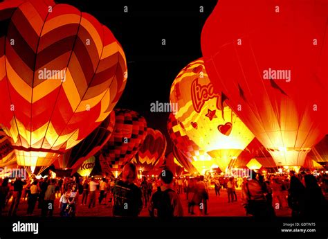 A night "balloon glow" at the Albuquerque International Balloon Fiesta. New Mexico, USA Stock ...