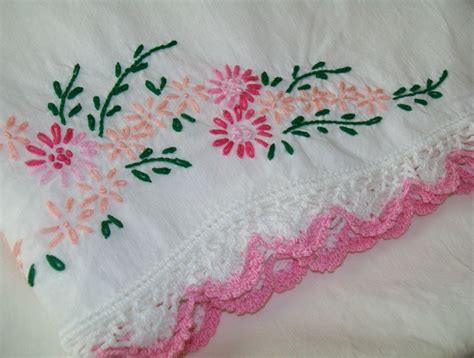 Vintage Embroidered Pillowcase, Embroidered, Pink, Floral, White ...