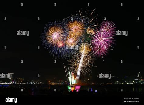 Fireworks show at Pattaya beach, Major attractions of Chonburi Province in Thailand Stock Photo ...