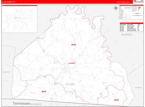 Allen County, KY Zip Code Wall Map Red Line Style by MarketMAPS