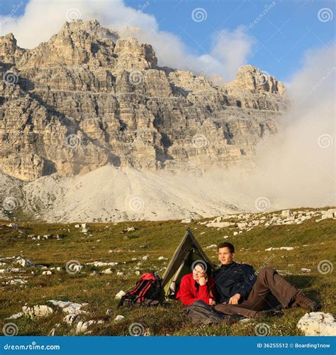 People Camping in the Mountains with Spectacular Landscape Stock Photo - Image of hikers ...