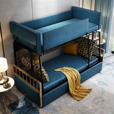 Modern Wood Bunk Bed Sleeper Sofa Blue Upholstered Convertible Sofa Bed 3-Seater Pillows ...