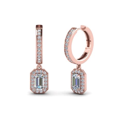 Emerald Cut Halo Drop diamond Earring In 18K Rose Gold | Fascinating Diamonds