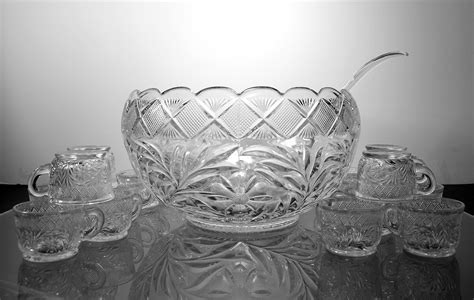 Punch Bowl with 18 Cup, Smith Glass, Holiday, 6 Quart, Plastic Ladle, Large, Floral Pressed ...