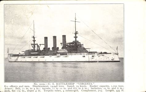 US Navy battleship ~ USS Virginia BB-13 ~ Great White Fleet ~ engineering stats | Battleship, Us ...