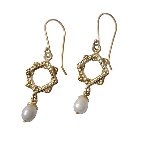 Buy Gold Plated Squares and White Pearl Medallion Earrings, Israeli Jewelry | Israel-Catalog.com