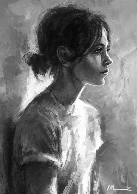 Elina - Monochromatic digital painting. A woman is painted in black and white colors, looking ...