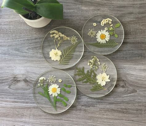 Set of 4 Resin Coasters Pressed Flower Coaster White and | Etsy