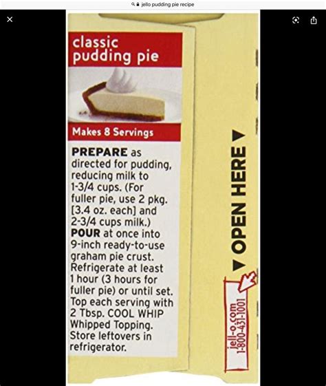 Classic jello pudding pie recipe that was on the pudding box.Small box recipe. | Jello pudding ...