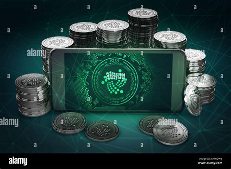 IOTA symbol on-screen among piles of IOTA coins. 3D rendering Stock ...