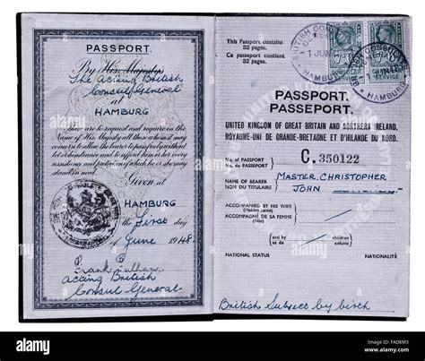 Inside cover Old Style UK Passport issued at Hamburg Germany 1948 Stock Photo: 92490611 - Alamy