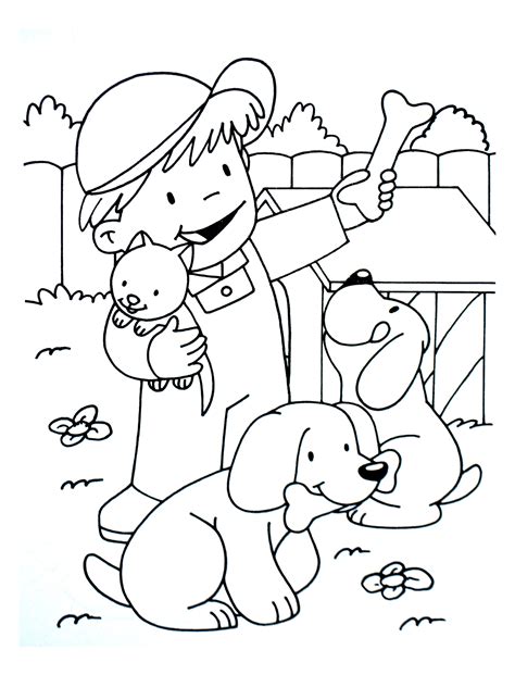 Small farmer with his cat and dogs - Farm Coloring Pages for Kids