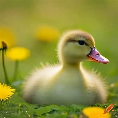 Ducklings playing in a field of dandelions on Craiyon
