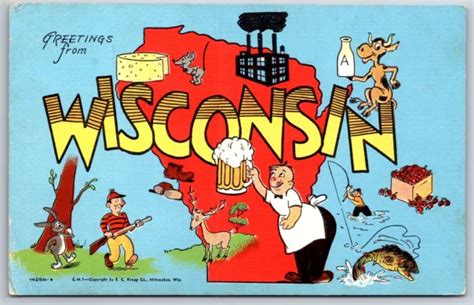 WISCONSIN~STATE MAP~COMIC PICS~BEER~HUNTING~FISHING~LARGE Letter Linen Postcard $13.00 - PicClick