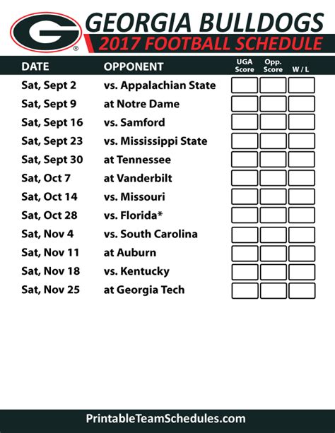 Georgia Bulldogs Printable Schedule