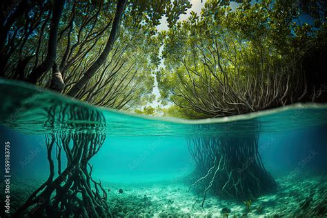 Underwater photograph of a mangrove forest with flooded trees, an ...