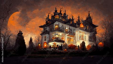 Spooky halloween mansion manor orange scary castle decorated concept ...