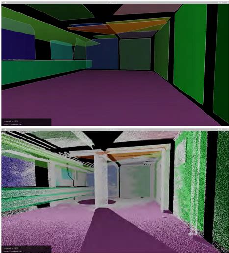 Plane detection in the fragmented basement room. Top: Detected planes ...