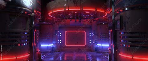 3D illustration of a futuristic room with blue and red neon lights. Cyberpunk scene. Industrial ...