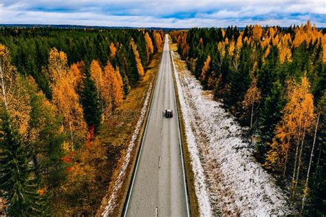 Aerial View of First Snow Autumn Color Forest and a Road with Car in Finland Stock Photo - Image ...