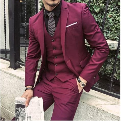 2021 Burgundy Suit Men Groom Slim Fit 3 Piece Tuxedo Prom Wedding Suits Blazer Jacket+Pant+Vest ...