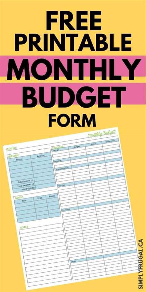 Free Printable Monthly Budget Form