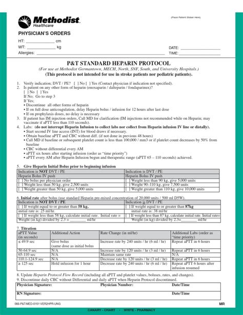 Std Heparin Protocol Methodist | Intravenous Therapy | Medicine