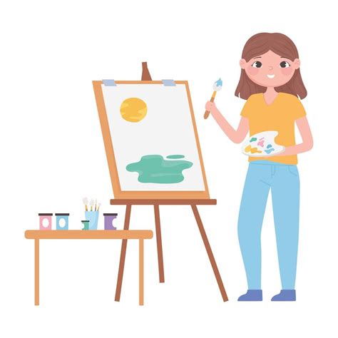 Girl painting on canvas with brush and color palette 1429847 Vector Art ...