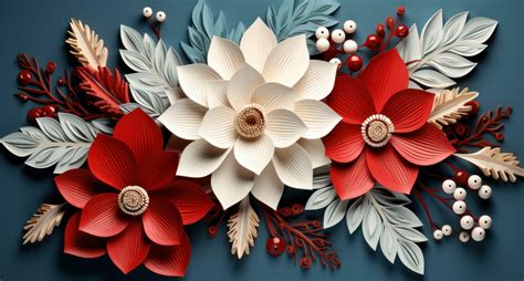 AI generated red and white poinsettia with paper flowers and pines on a ...