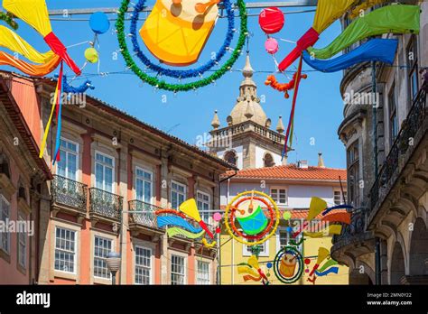 Portugal, Northern Region, Braga, decorations for the festivals of Santo António in the streets ...