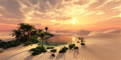 Oasis at Sunset in a Sandy Desert Stock Illustration - Illustration of ...