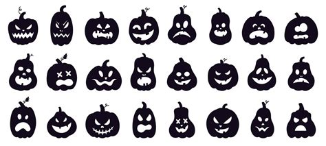 Halloween pumpkins silhouette. Scary spooky carving pumpkins, creepy s ...