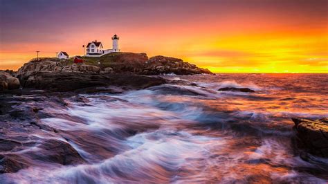 Download Wave Ocean Sky Sunset Coast Man Made Lighthouse HD Wallpaper