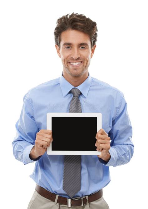 Portrait, Business Man or Advertising Tablet Screen in Studio for Deal, Offer or Sign Up To ...