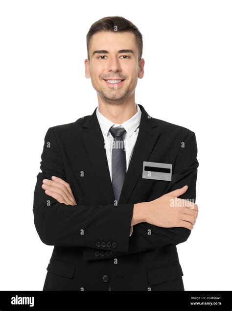 Attractive salesman in formal wear on white background Stock Photo - Alamy