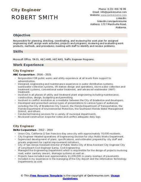 City Engineer Resume Samples | QwikResume