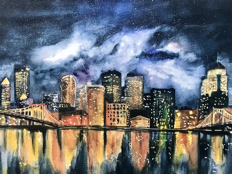 Pittsburgh City Skyline Watercolor Painting, Pittsburgh City Night ...