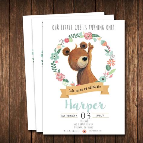 Modern Bear Birthday Party Invitations floral Bear Cub Little - Etsy