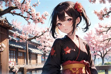 Premium AI Image | Anime girl in a kimono under a cherry blossom tree