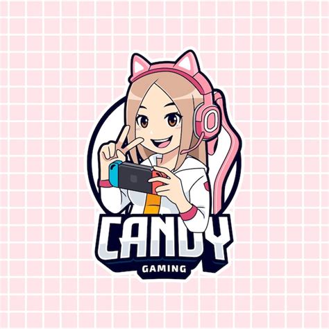 Linda chica gamer jugando en plantilla de logotipo de dispositivo portátil | Vector Premium