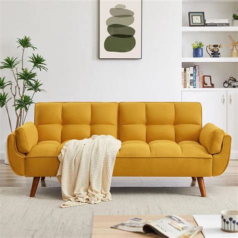 Uixe 75.39 in. W Yellow Modern Linen Upholstered Convertible Folding ...