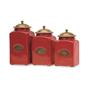 IMAX Red Ceramic Coffee Tea Sugar Canisters With Mango Wood Lids Set of ...