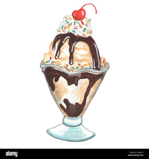 Ice cream sundae illustration on a white background. Watercolor hand-drawn clipart illustration ...