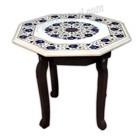 Blue Design Coffee Table in White Marble Inlaid Art with Wooden Stand