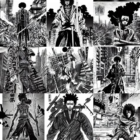 afro samurai manga style, pencil and ink, in a post | Stable Diffusion