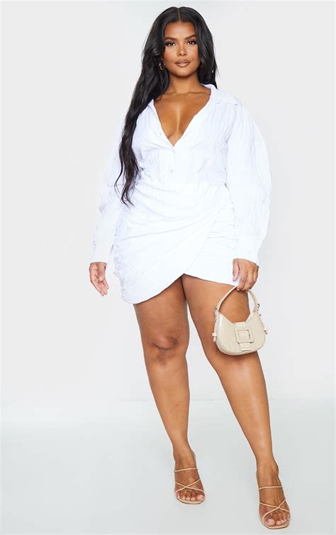 Plus White Shirred Wrap Shirt Dress | PrettyLittleThing CA