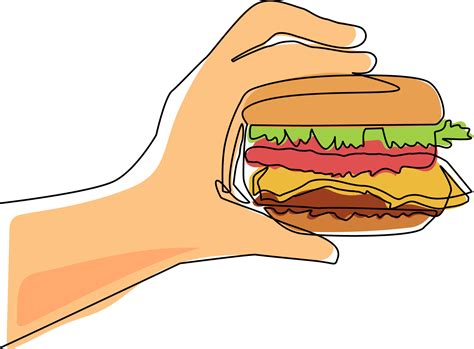 Single continuous line drawing hand holding burger. Hamburger. Delicious fast food. Cutlet with ...