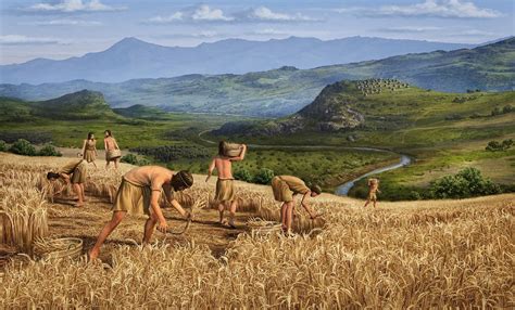 Peasant Farmers in a Grain Field | Ancient Village on the Distant Hill - Mountains | Neolithic ...