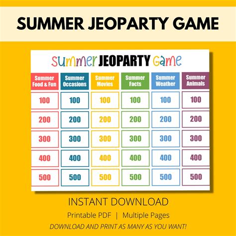 Summer Game Jeopardy Game Family Fun Kid Friendly Summer - Etsy Canada